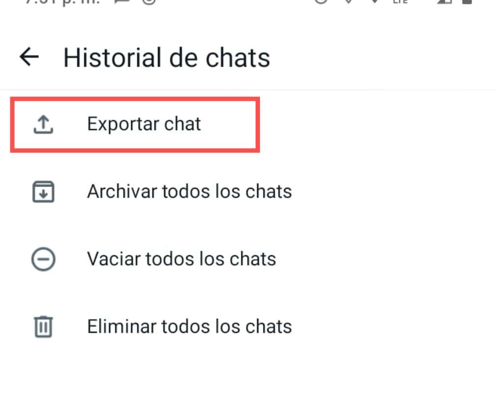 En Historial de chat, presionar la opción de Exportar chat.