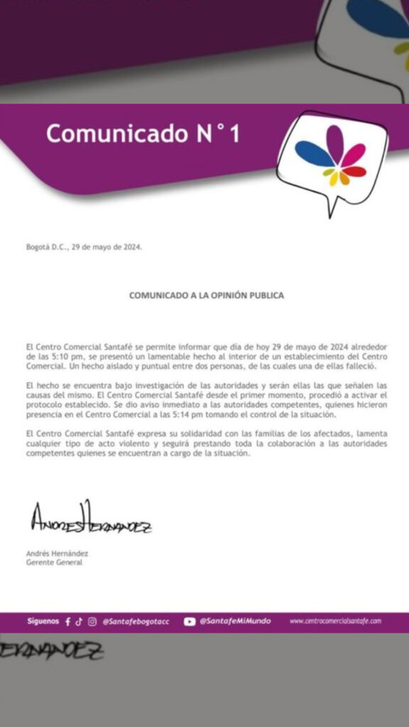 Comunicado del centro comercial Santafé - Tomado de X