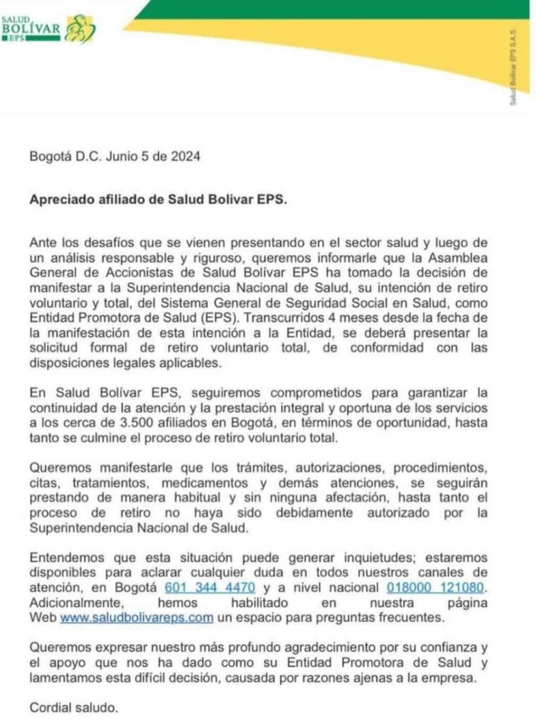 Comunicado Salud Bolivar EPS sobre su retiro./ Salud Bolivar EPS