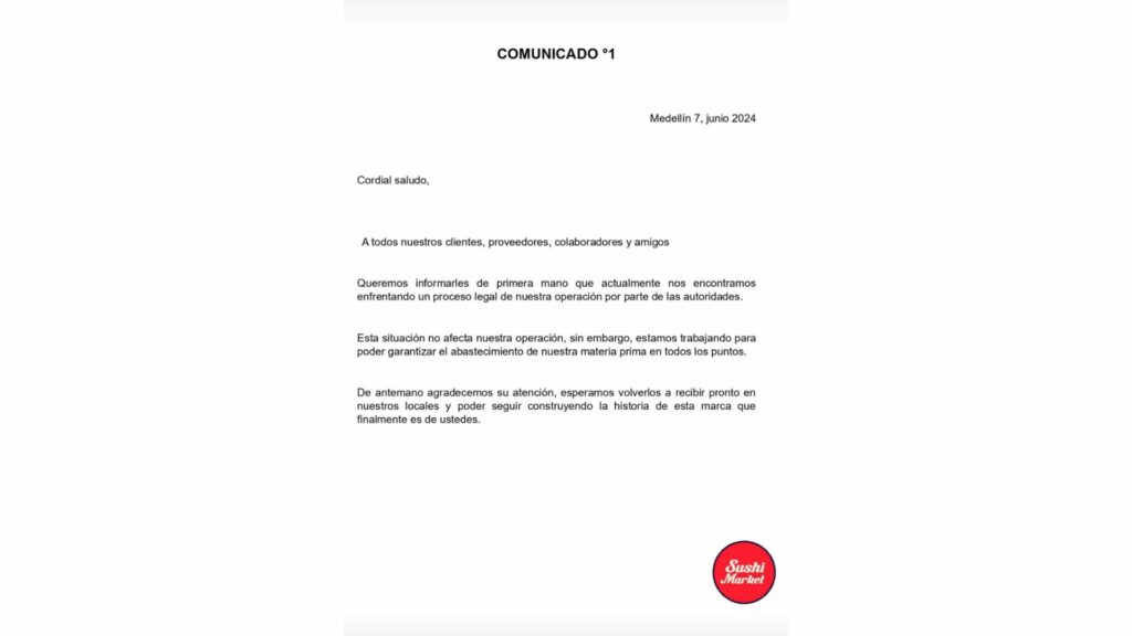 Comunicado del restaurante / Foto: redes sociales (@sushimarket001)