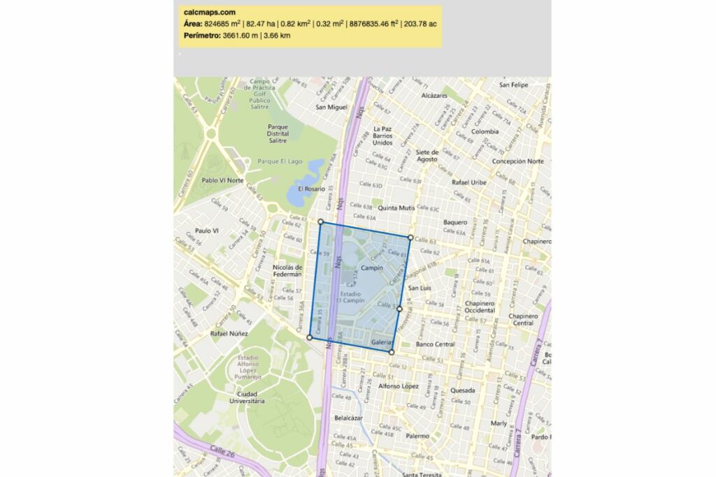 Imagen del perímetro de ley seca en Bogotá por final Bucaramanga vs. Santa Fe / Mapa hecho por Pulzo en CalcMaps