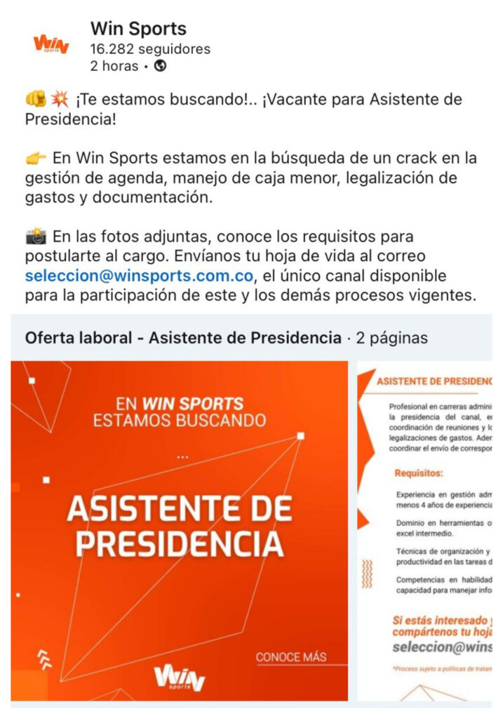 Win Sports lanzó vacante para asistente de presidencia/Foto: Win SPorts.
