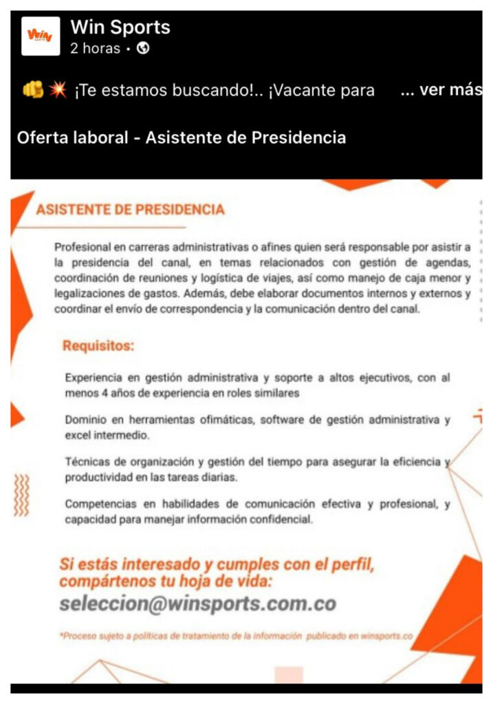 Win Sports lanzó vacante para asistente de presidencia/Foto: Win sports.