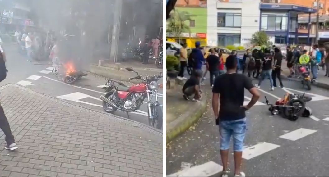 Momento en el que golpean a dos ladrones en Belén, Medellín, y les queman la moto. Habrían robado a una adulta mayor