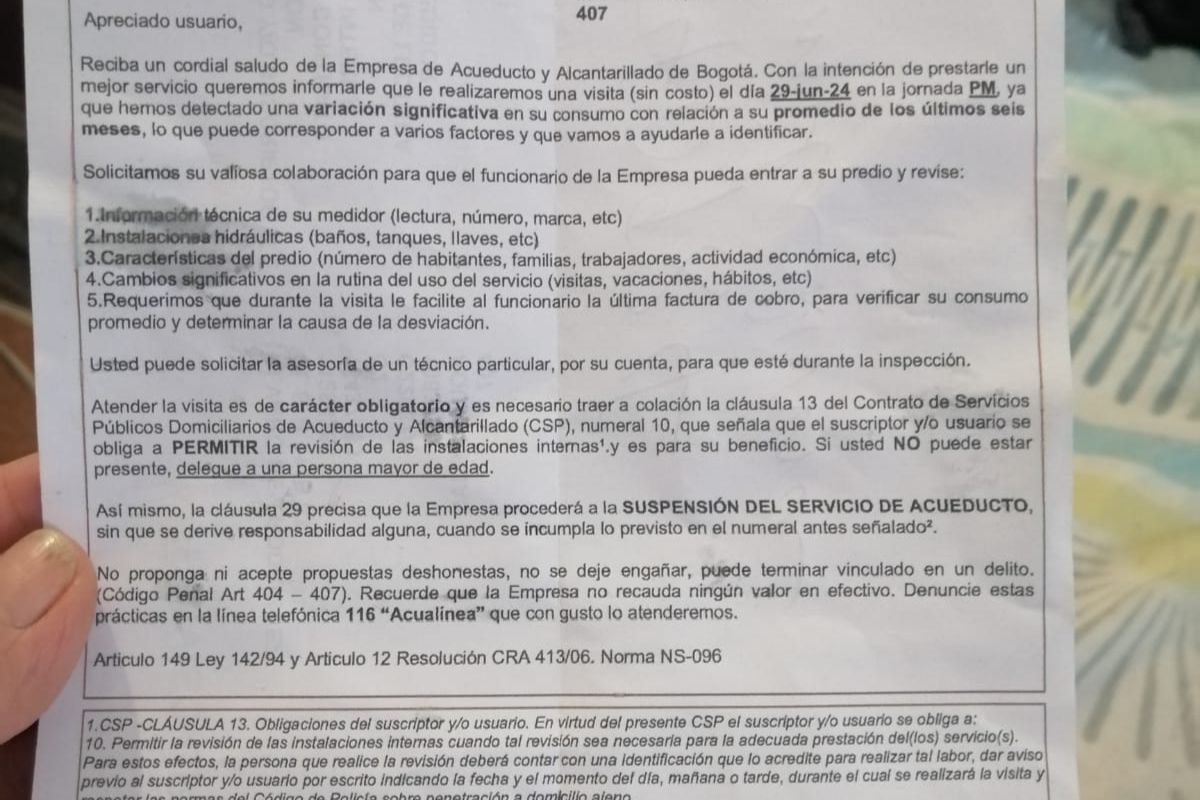 Estafa a nombre de Acueducto de Bogotá: ladrones envían carta de visita a casas