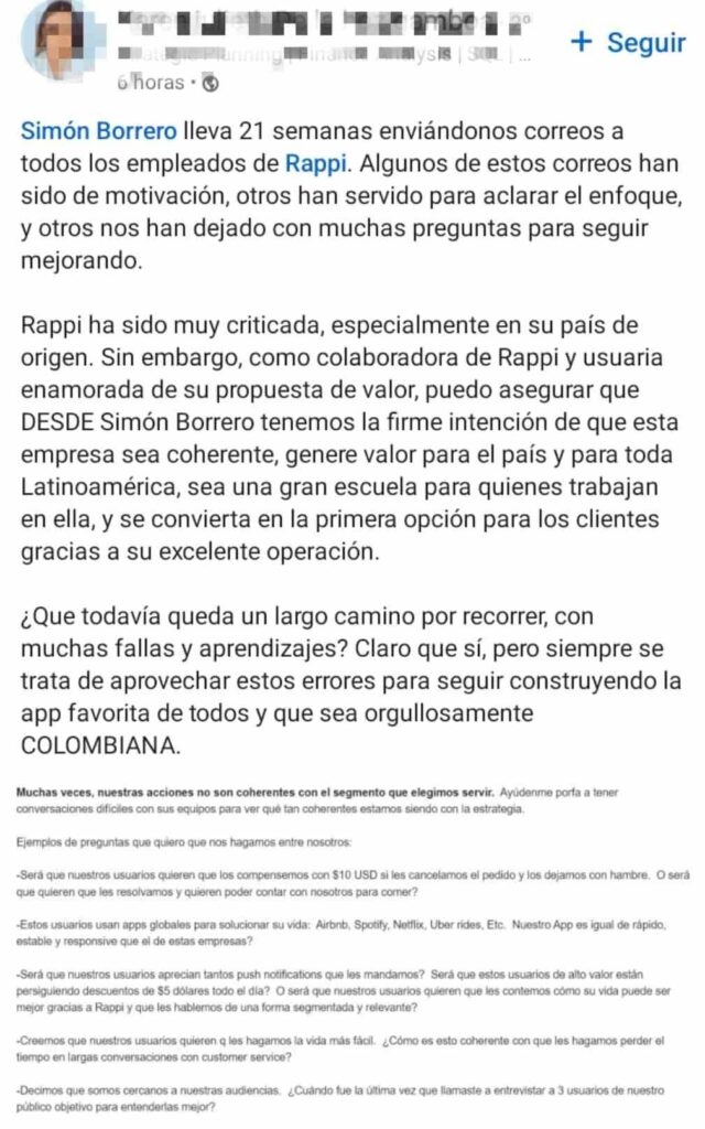 Mensaje sobre correo interno del CEO de Rappi sobre clientes./ LinkedIn