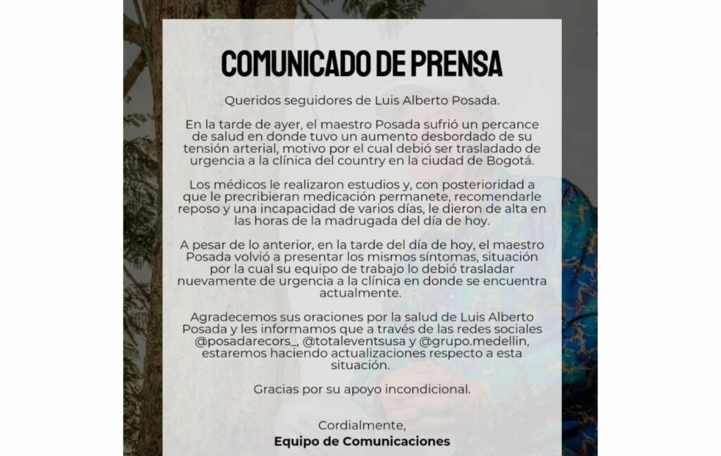 Comunicado de la oficina de Luis Alberto Posada.