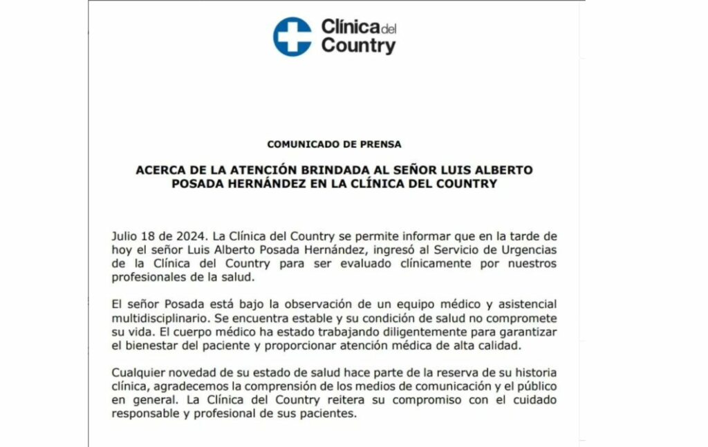 Comunicado Clínica Country de Bogotá sobre estado de salud de Luis Alberto Posada.