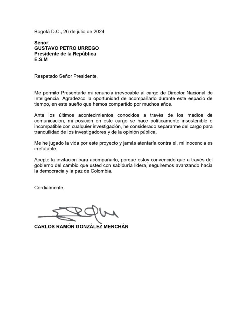 Carta de renuncia. Foto: Caracol TV.
