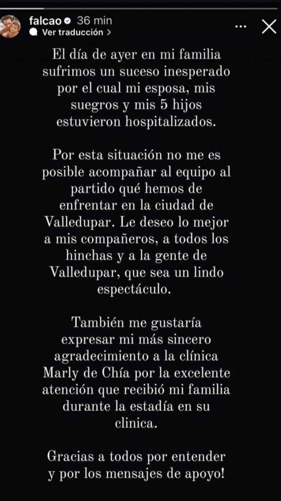 Falcao habló sobre percance doméstico / Instagram de Falcao