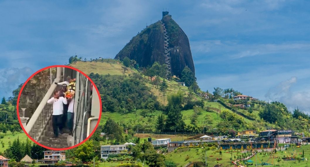 Momento en el que bajan de la Piedra del Peñol a una turista que falleció luego de que le dio un infarto mientras subía el atractivo