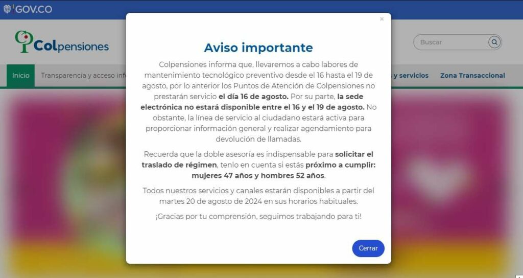 Aviso de Colpensiones sobre su servicio en agosto./ Colpensiones