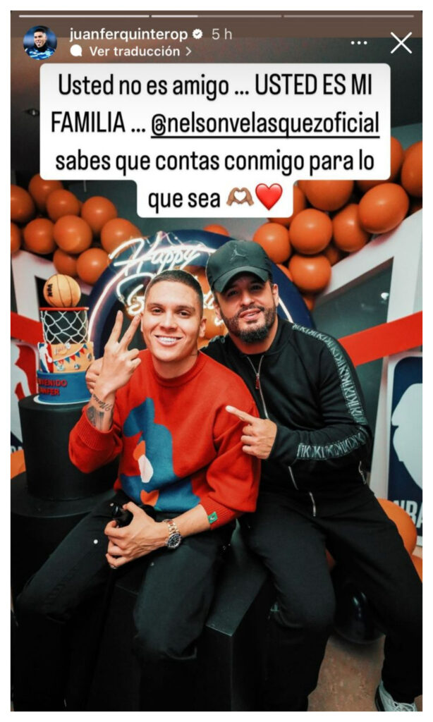 Mensaje de apoyo de Juan Fernando Quintero a Nelson Velásquez/Foto: Instagram @juanferquintero10