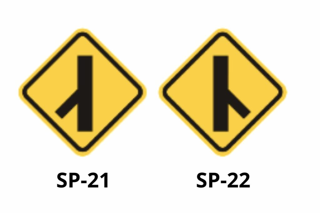 Señales SP-21 y SP-22, que indican incroporación de tráfico desde la izquierda o la derecha