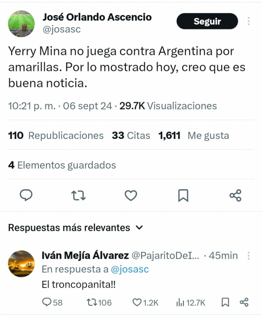 Trino de Iván mejía sobre Yerry Mina / captura de pantalla