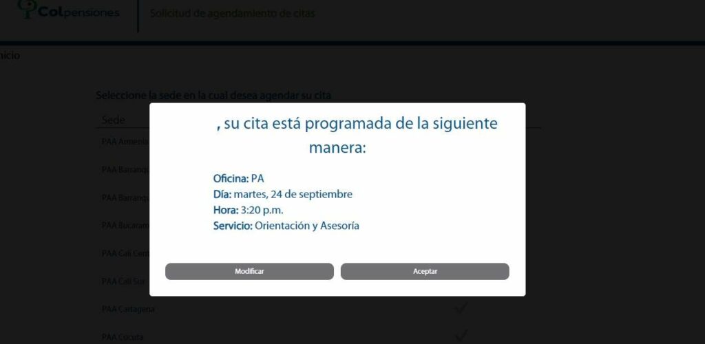 Aviso con final de proceso para agendar citas en Colpensiones./ Colpensiones