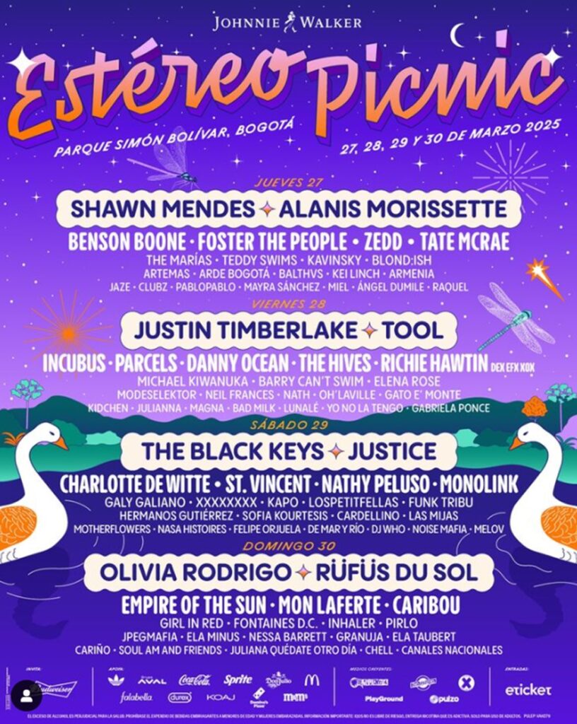 Festival Estéreo Picnic, 'line up' por días. Instagram: @festereopicnic