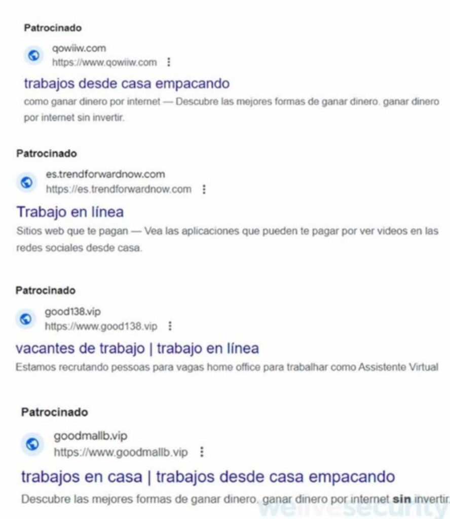 Anuncios en Google con ofertas de trabajo falsas./ ESET