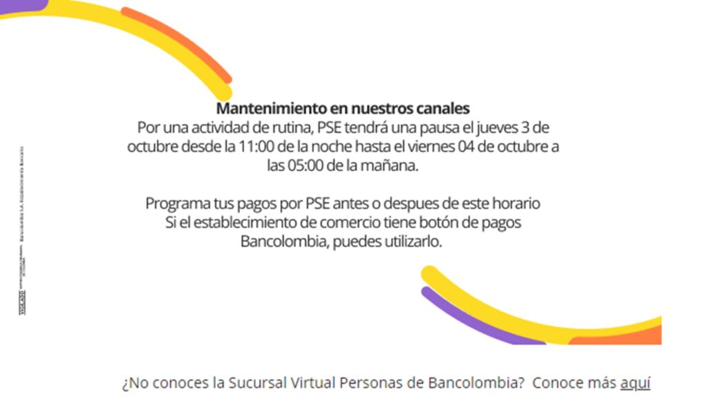 PSE no funcionará en Bancolombia.