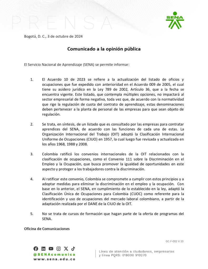 Comunicado que entregó el SENA.
