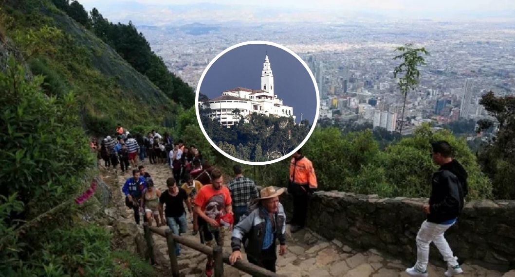 Foto de turistas e iglesia. en nota de cuántos kilómetros es la subida a Monserrate y cuántas escaleras tiene al andar