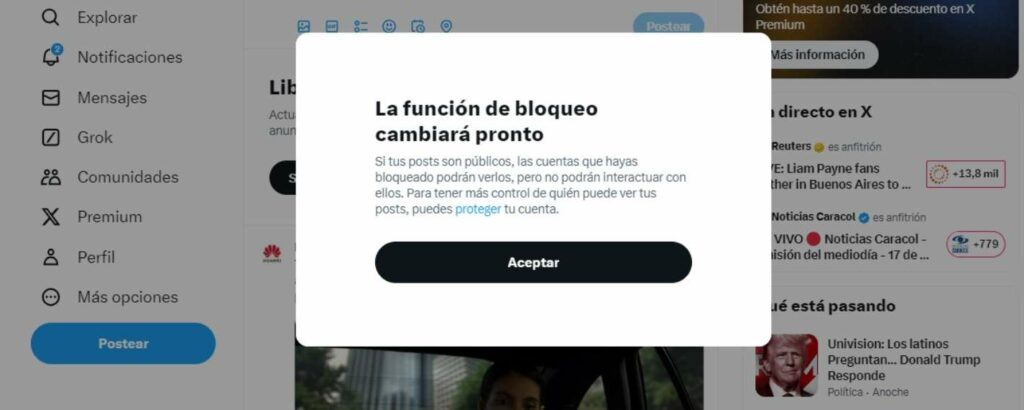 Aviso de X (Twitter) sobre cambios con bloqueos./ X