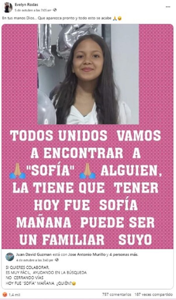 Esta fue una de las publicaciones de Evelyn Rodas, esposa de Brayan Ocampo, asesino de Sofía Delgado. Foto: Facebook.