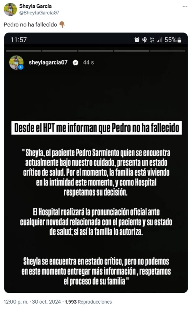 Sheyla García dice que Pedro Sarmiento no ha muerto/Foto: X @SheylaGarcía