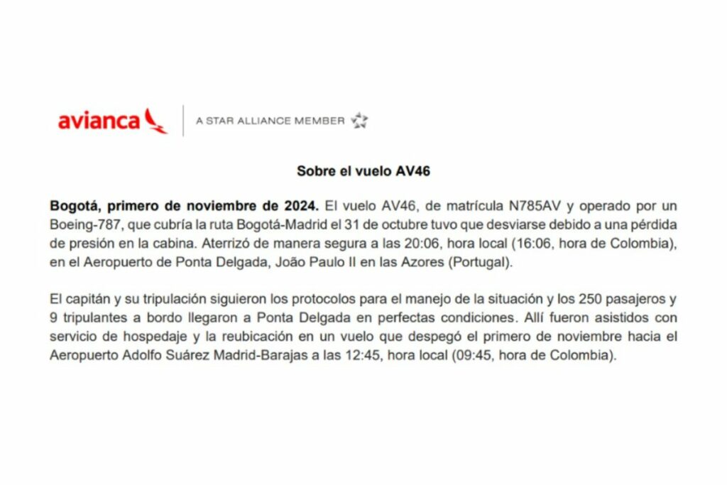 Avión de Avianca tuvo que aterrizar de emergencia en vuelo de Bogotá a Madrid / comunicado de Avianca