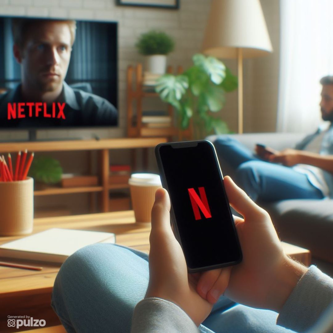 Imagen de referencia de una persona utilizando la aplicación de Netflix, frente a un televisor donde se reproduce un contenido de la plataforma.