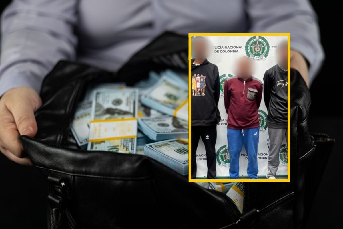 Imagen de referencia de un bolso con dinero y fotografía de integrantes capturados de grupo extorsionista 'Los del Carro' en Bogotá.