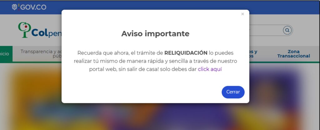 Mensaje de Colpensiones.