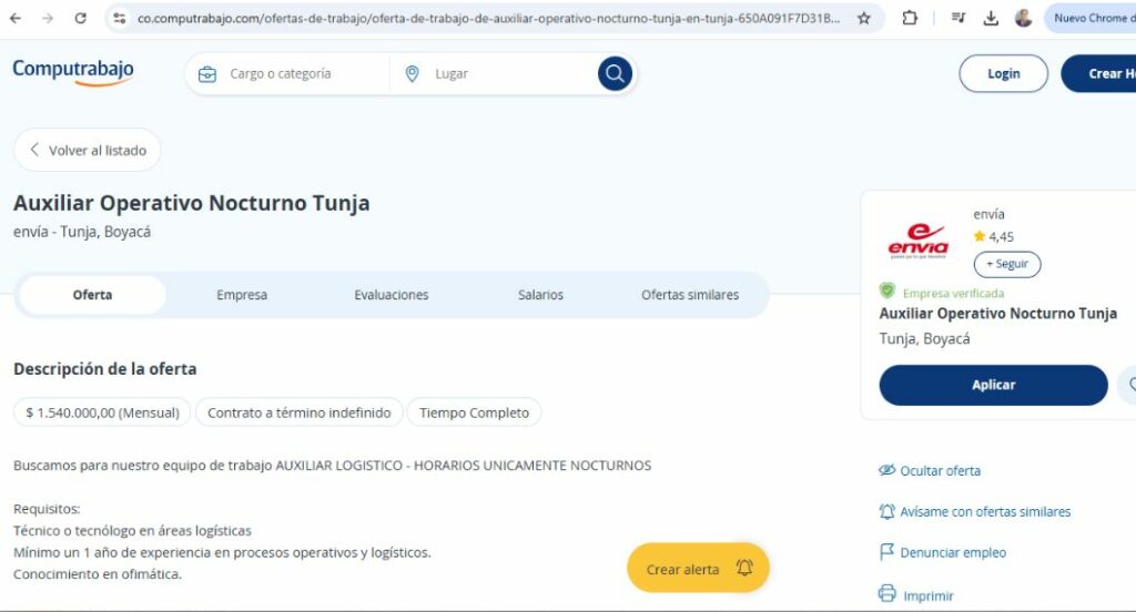 Oferta de empleo de Envía para auxiliar. / Computrabajo