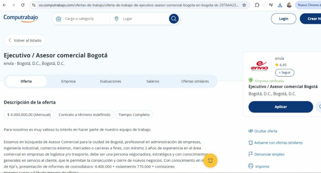 Oferta de empleo de Envía para Ejecutivo comercial. / Computrabajo