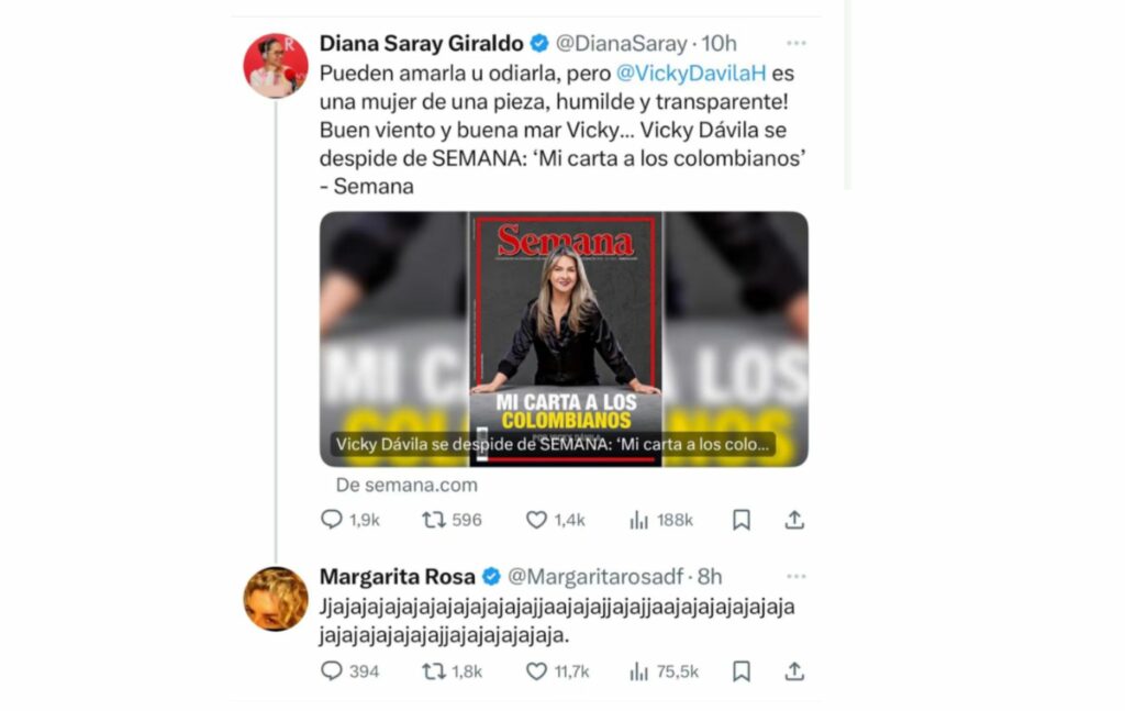 Comentario de Margarita Rosa de Francisco a periodista que idolatró a Vicky Dávila. Foto: Twitter.