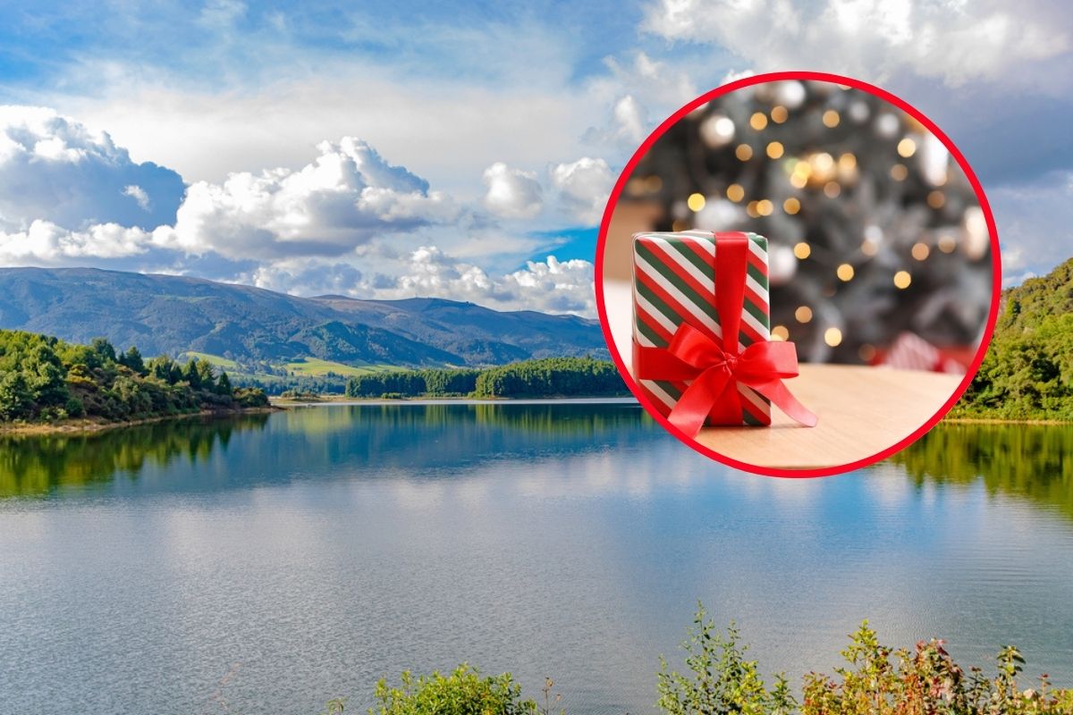 Collage de fotografía del embalse del Neusa y un regalo navideño.