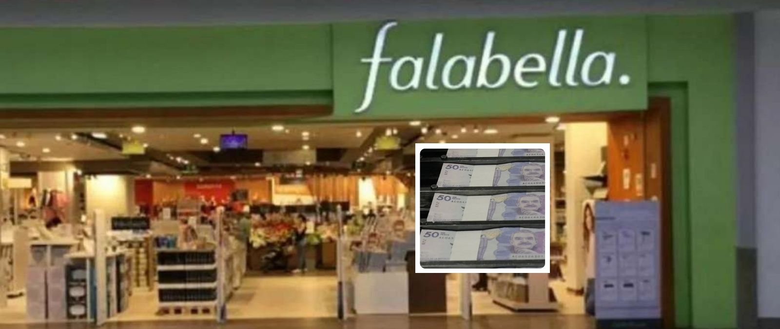 Fotos de Falabella y dinero colombiano, en nota de cuánto gana un empleado de Falabella en Bogotá en 2024 