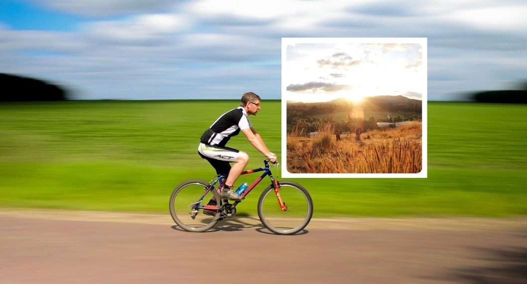 Foto de ciclista y paisaje en Suesca, en nota de cuáles son las mejores rutas de ciclismo en Cundinamarca y rodar cerca de Bogotá