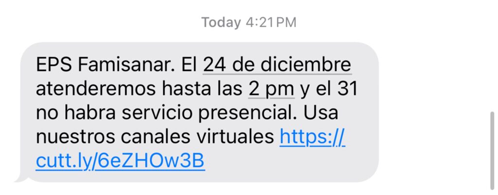 Mensaje de Famisanar a usuarios.