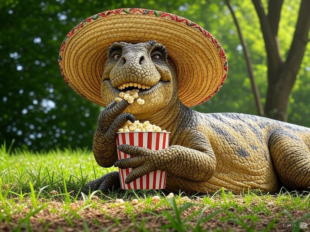 Imagen generada en Grok, de un dinosaurio con sombrero comiendo palomitas de maíz.
