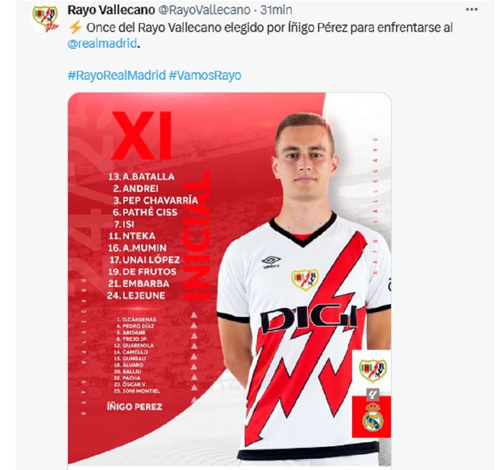 Convocatoria de Rayo Vallecano contra Real Madrid./ X @RayoVallecano