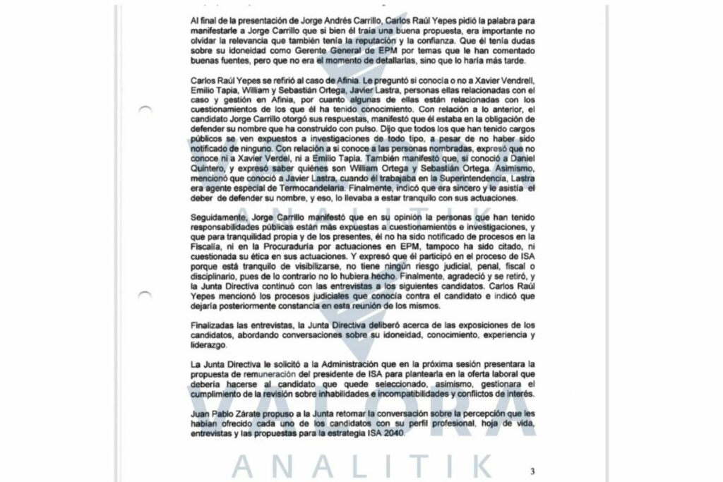 Carlos Raúl Yepes le pidió a Carrillo explicaciones y le preguntó si conocía a personajes sonados en casos de corrupción. Fuente: Acta Junta Directiva ISA/ Valora Anlitik