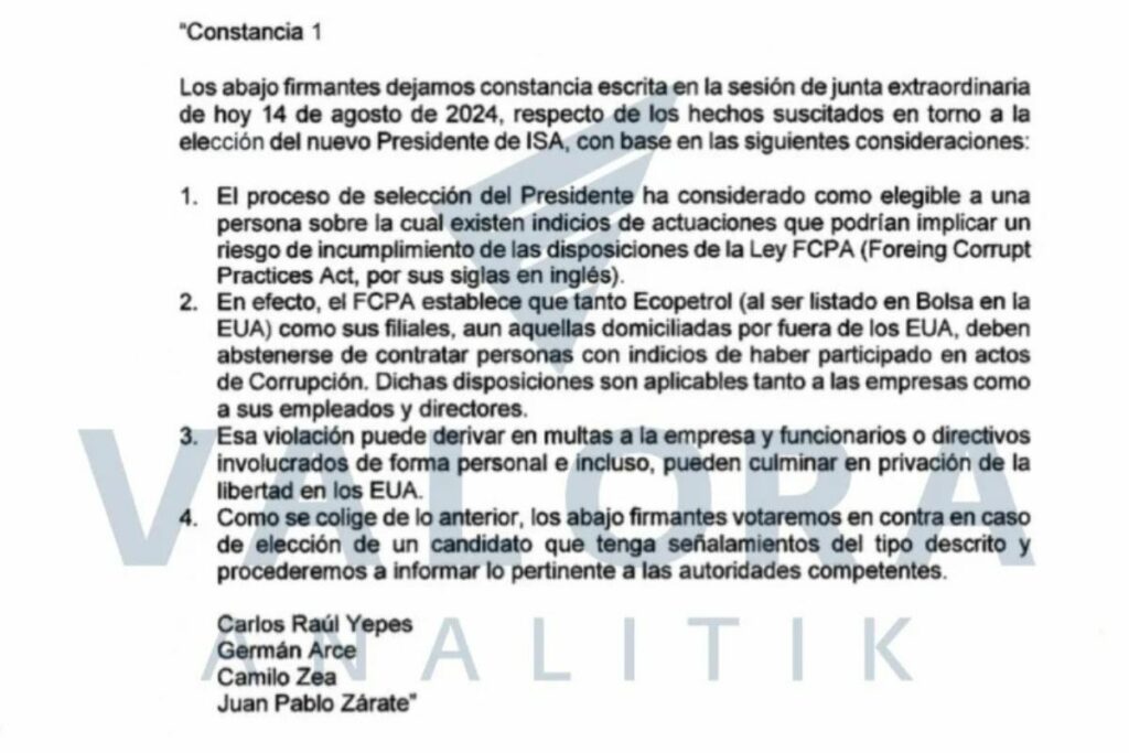 En una constancia, Carlos Raúl Yepes, Germán Arce, Camilo Zea y Juan Pablo Zárate advirtieron las consecuencias que traería elegir a Carrillo como presidente de ISA. Fuente: Acta Junta Directiva ISA/Valora Anlitik