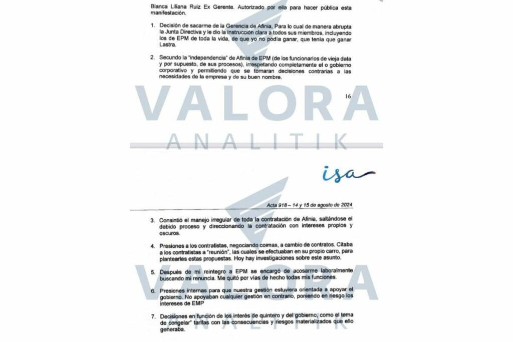 La exgerente de Afinia, Blanca Ruiz, denunció que Carrillo habría presionado a contratistas y hasta habría negociado coimas. Fuente: Acta Junta Directiva ISA/Valora Analitik