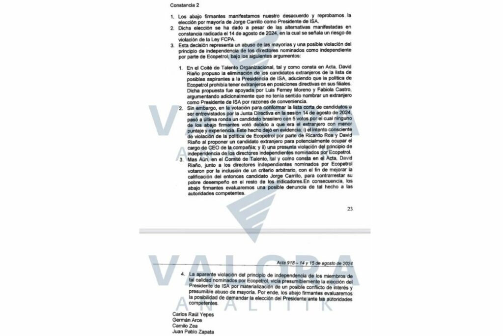 En una última constancia, cuatro miembros de Junta de ISA habla de un riesgo de incumplimiento de la compañía de Ley de Prácticas Corruptas en el Extranjero de EE. UU. Fuente: Acta Junta Directiva ISA/ Valora Anlitik