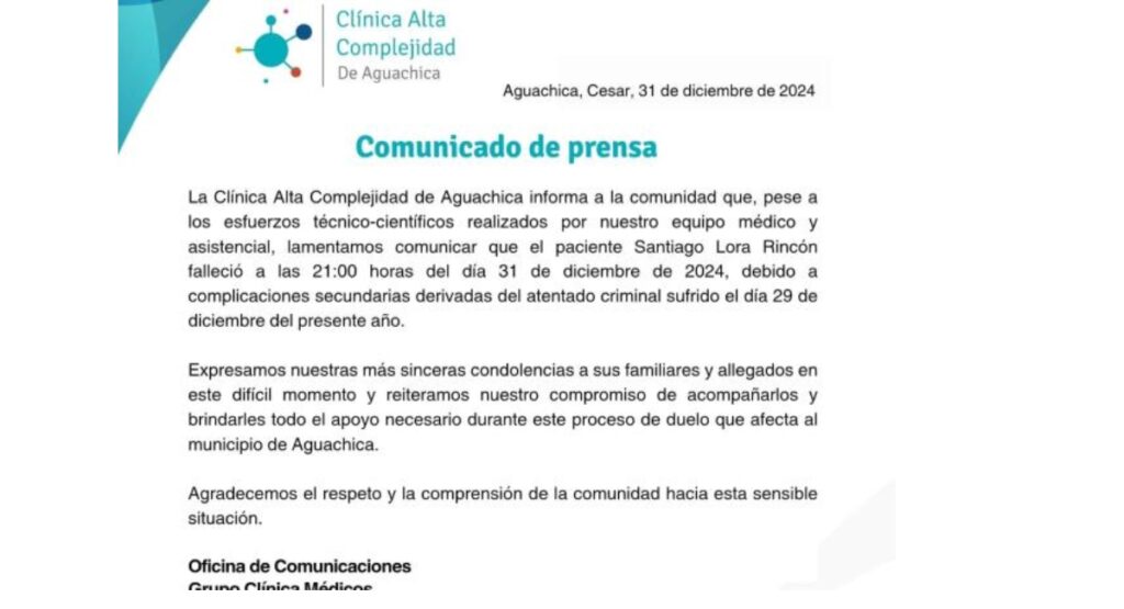 Comunicado de la Clínica de Alta Complejidad de Aguachica