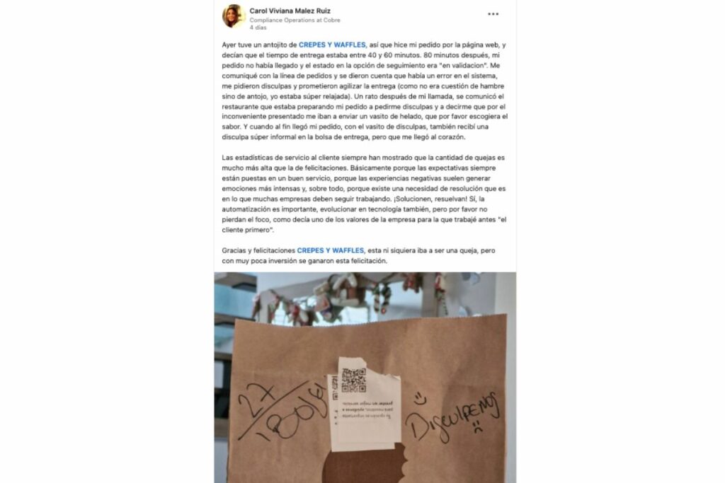 Imagen de anécdota de Crepes & Waffles con clienta que los felicitó luego de mala experiencia / Foto de LinkedIn