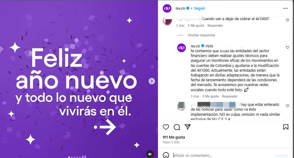 Publicación de Nubank sobre 4x1.000./ Instagram @nu.co