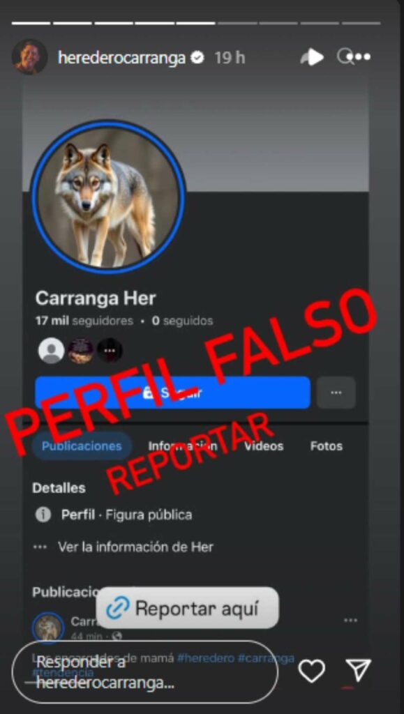 Perfil falso de 'Heredero' en Facebook. /Instagram @herederocarranga