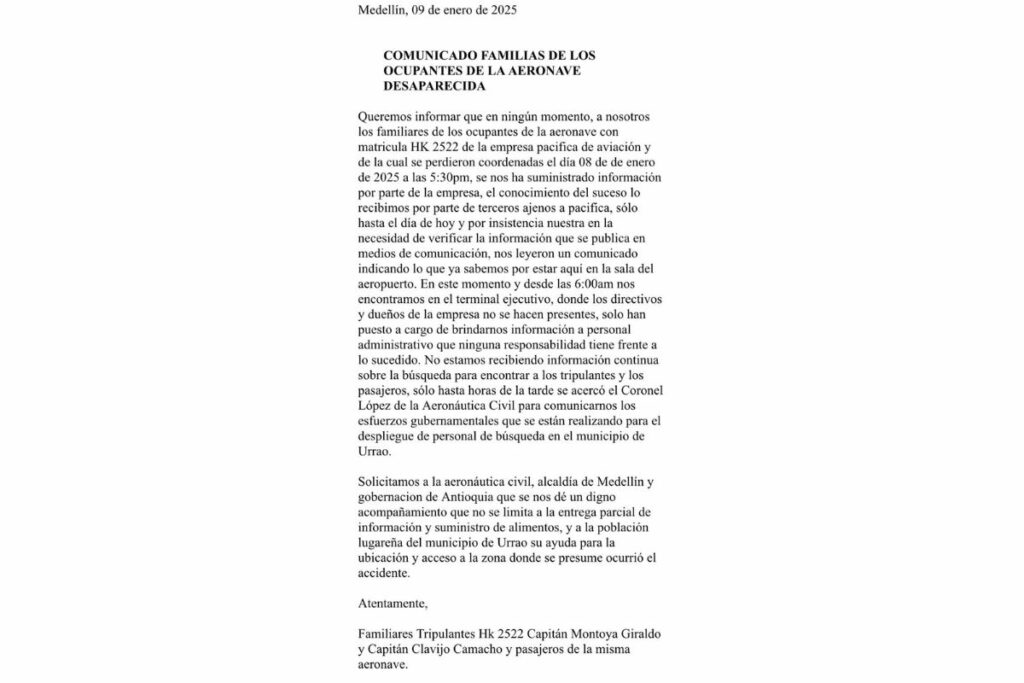 Comunicado familiares de pilotos desaparecidos en avioneta Antioquia.